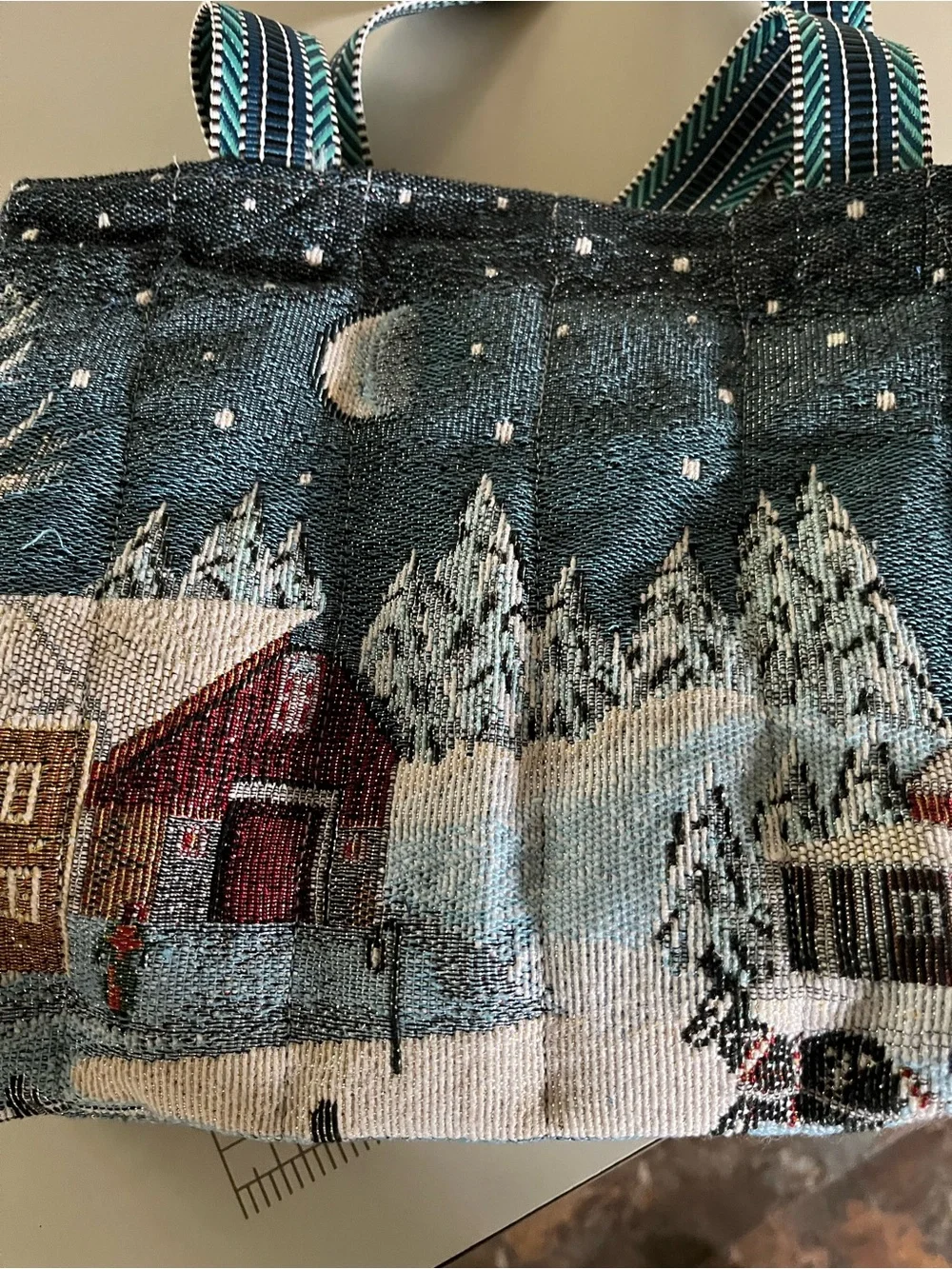 Tapestry Winter Village Tote Bag in colorful print